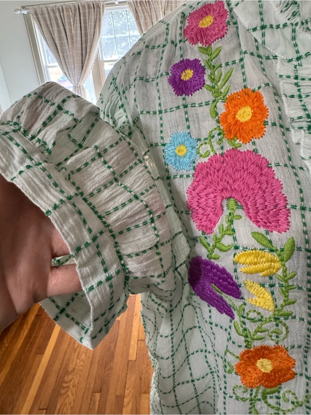Embroidered Green Check Ruffle-Neck Blouse - Picture 2 of 6